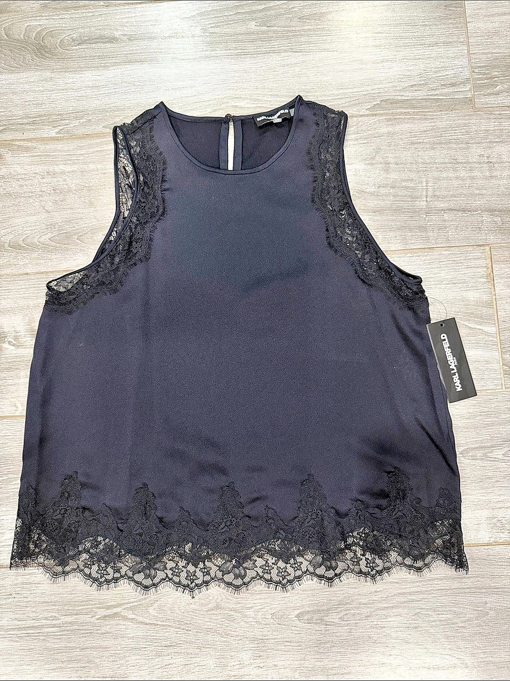 Karl Lagerfeld Black Lace Trim Tank Top Size  L NWT